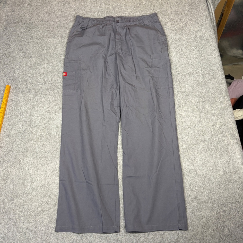 Dickies Cargo Scrub Pants Pewter Gray Elastic Waist Drawstring Size L 856406